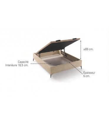 Sommier Coffre Réf: NINFA - Hauteur utile 18,5 cm - Vérins hydrauliques - Fond mélaminé blanc 12 mm - Trés aérien, pieds hauts.
