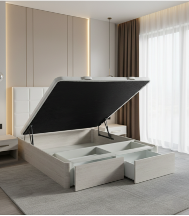 Sommier Coffre Réf: TERUEL - Hauteur utile 28.5 cm - Vérins hydrauliques - Fond mélaminé blanc 12 mm - Entièrement démontable